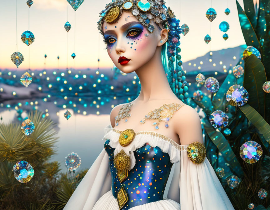 Elaborate blue and gold makeup portrait with nature backdrop