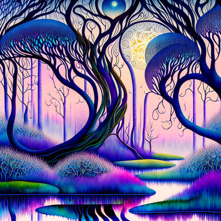 Stylized fantasy landscape with swirling trees and gradient colors