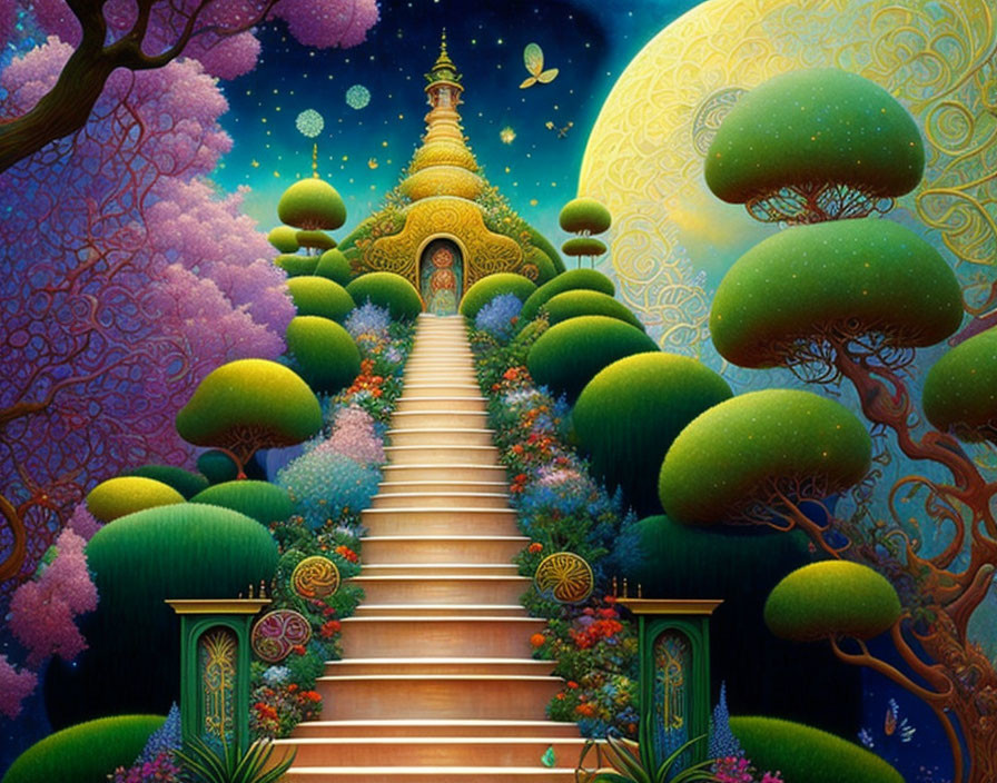 Vibrant fantasy landscape with grand staircase and golden temple