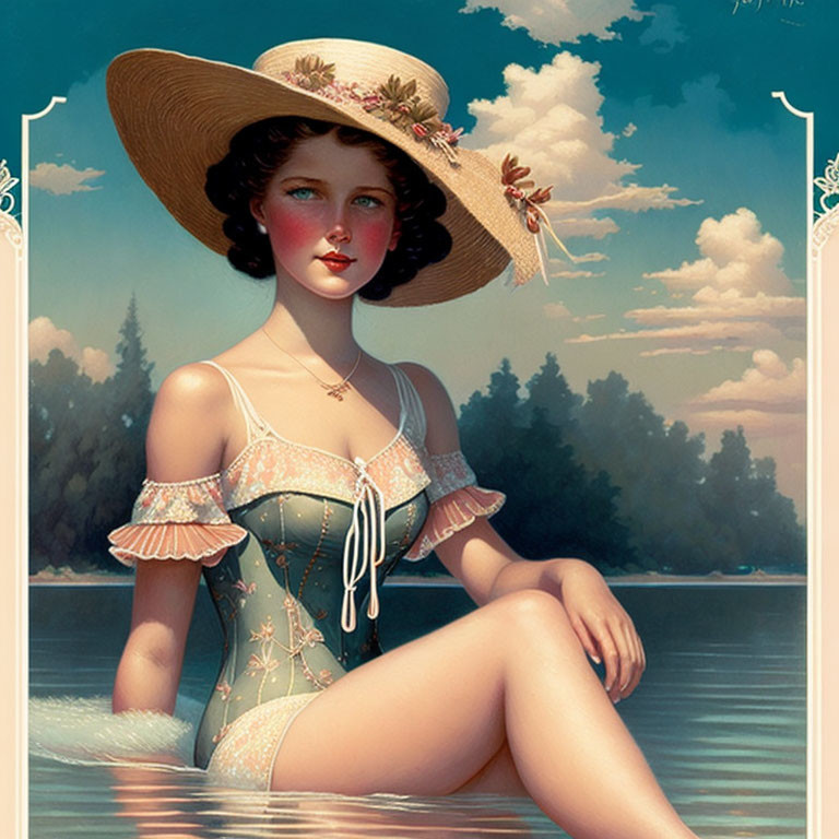 Vintage Swimwear Woman by Lake in Digital Painting