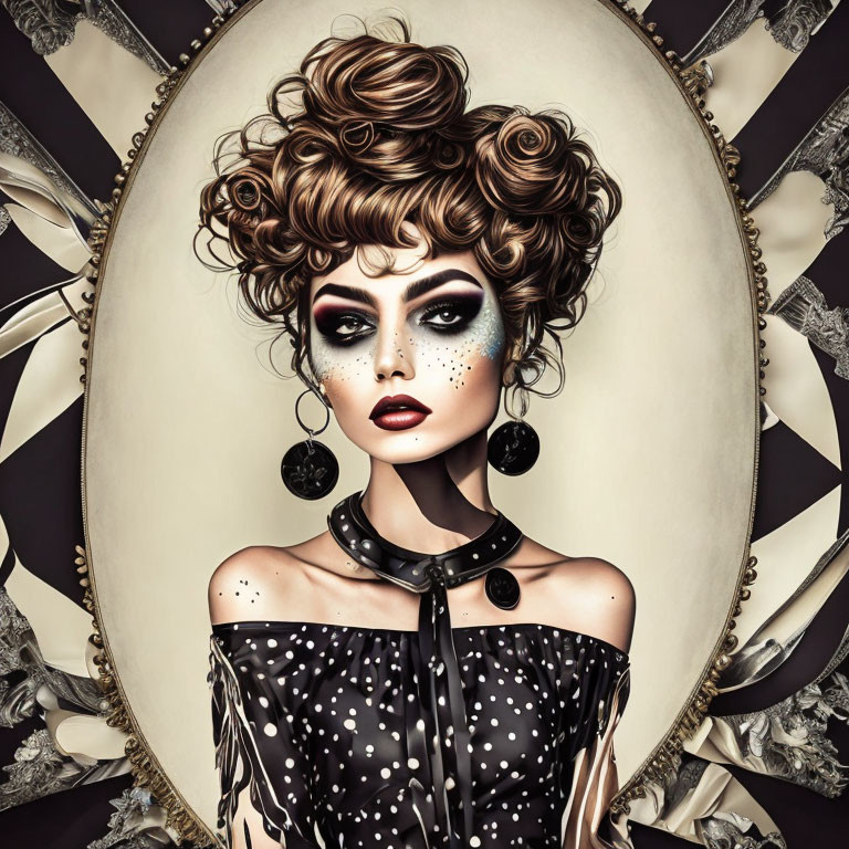 Illustrated female figure with curly hair and dramatic makeup in dotted dress and choker against ornate oval