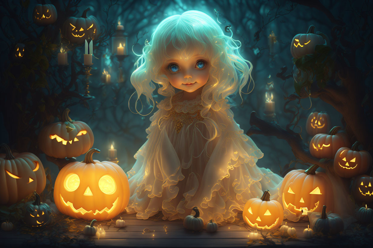 Blonde Girl Surrounded by Jack-o'-lanterns in Twilight Forest