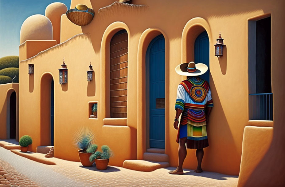 Traditional Attire Figure by Adobe Building with Cacti