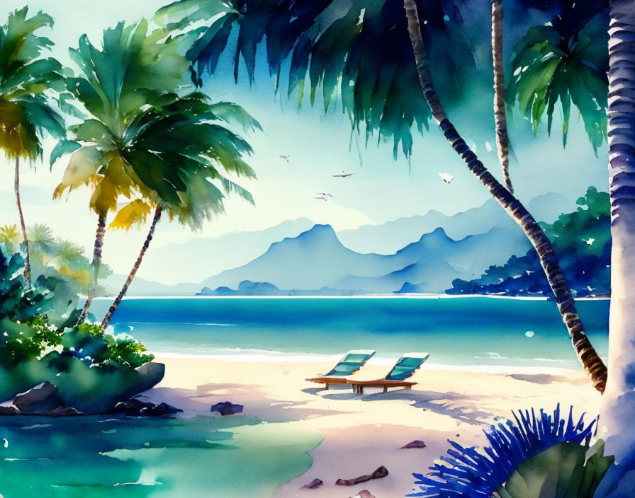 Tropical beach scene with palm trees, mountains, lounge chairs, and birds in clear blue sky