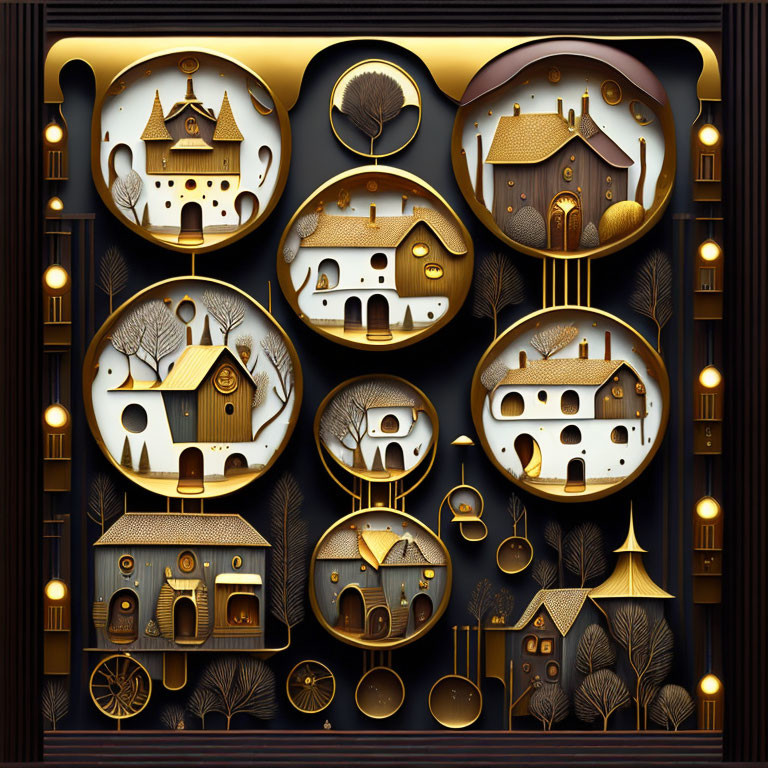 Whimsical gold and black houses and trees in round frames