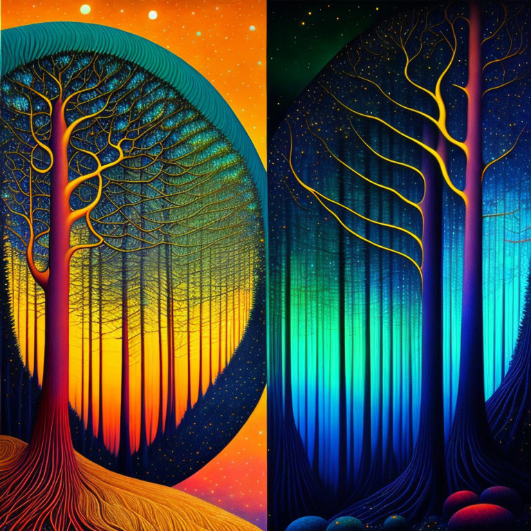 Stylized tree artworks: vibrant, elongated branches, sunset to nighttime