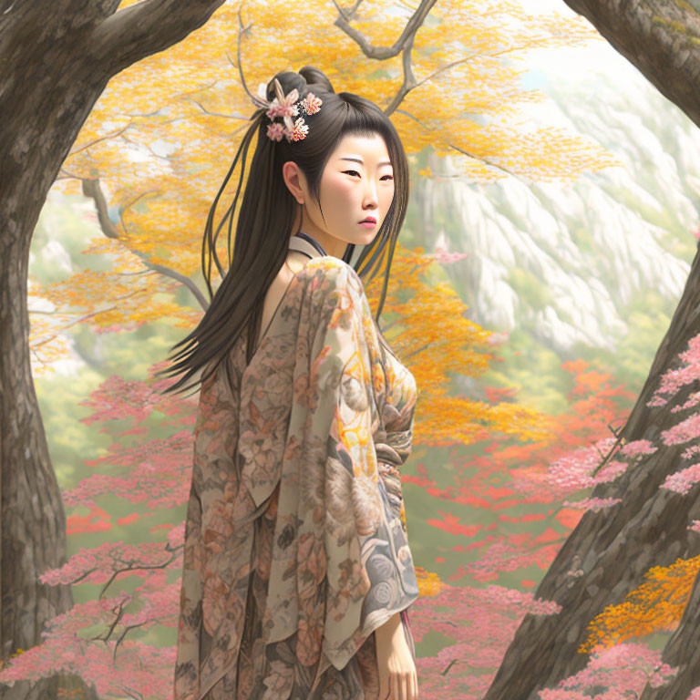 Traditional Attire Woman Surrounded by Blossoming Trees