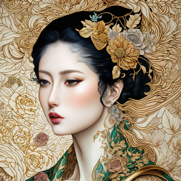 Detailed Illustration of Woman with Pale Skin and Dark Hair Adorned with Gold Flowers