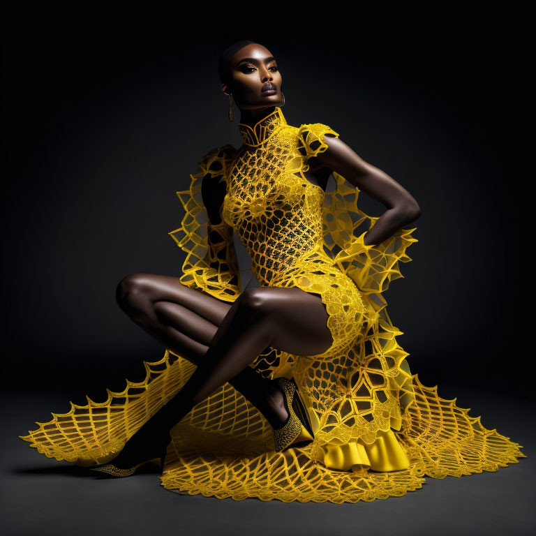 Fashion model in yellow avant-garde dress with honeycomb design on dark background