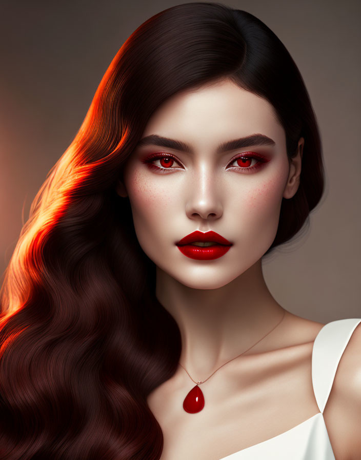 Woman with Dark Wavy Hair and Red Makeup Portrait