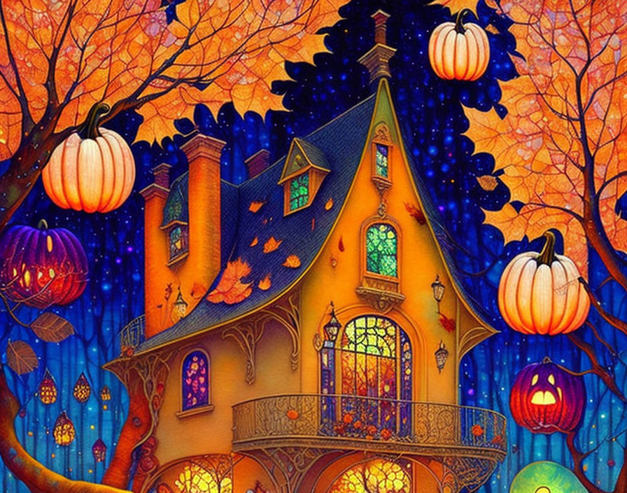 Whimsical house with glowing pumpkins and autumn trees under starry sky