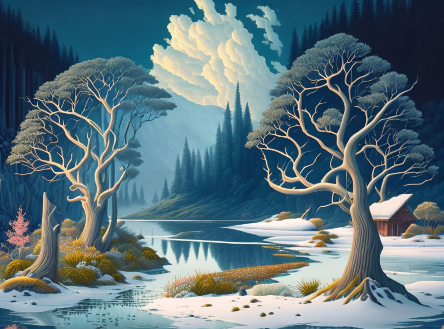 Tranquil winter scene with stylized trees, river, cabin, and snowy ground