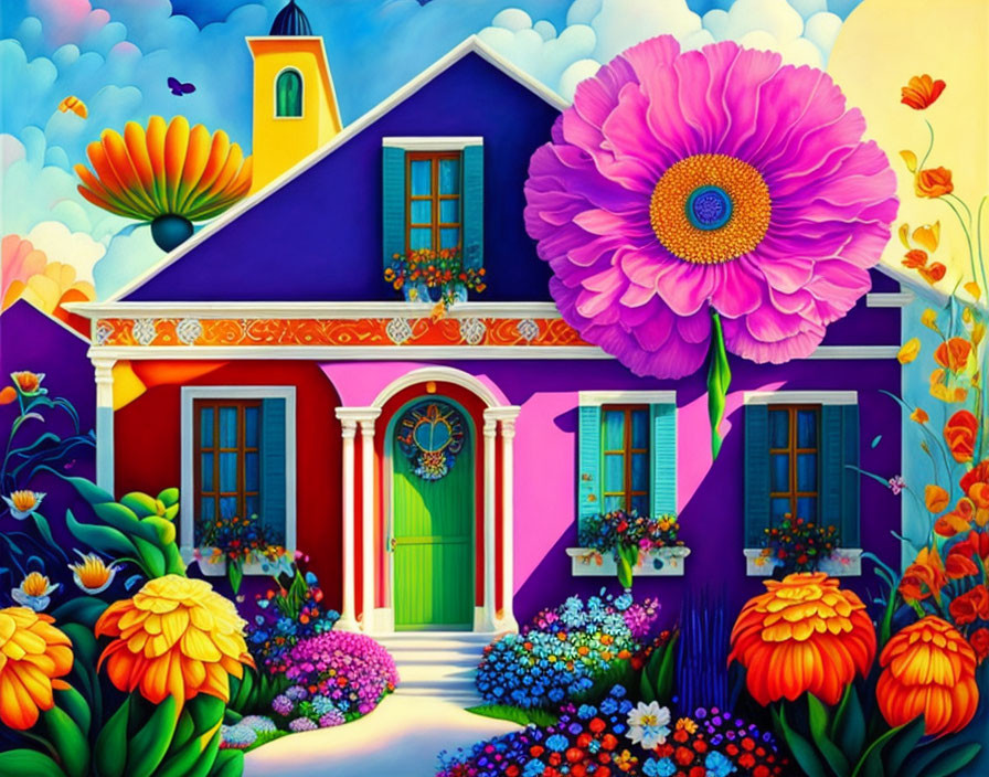 Colorful House with Giant Pink Flower Surrounded by Lush Flora and Hot Air Balloons