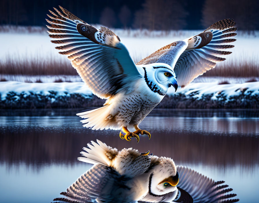 Gyrfalcon in Flight Over Winter Landscape at Dusk