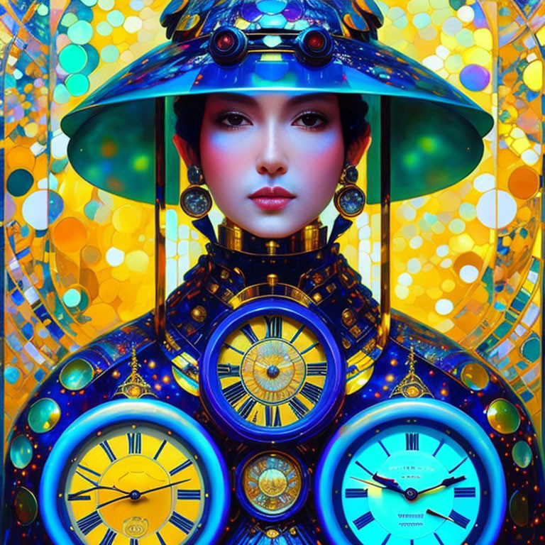 Colorful digital artwork of woman with futuristic hat and collar, swirling patterns, and clock faces.