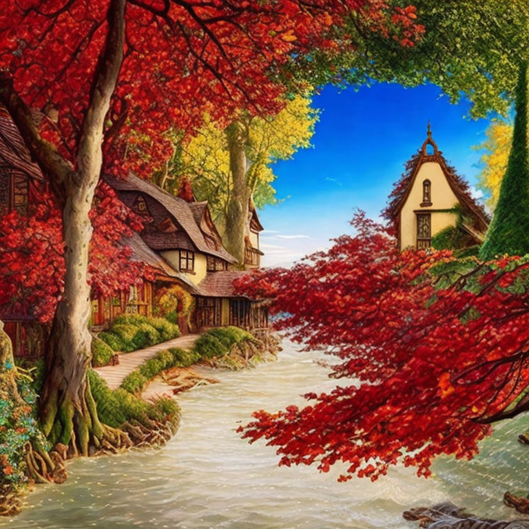 Scenic autumn village by serene river and vibrant trees