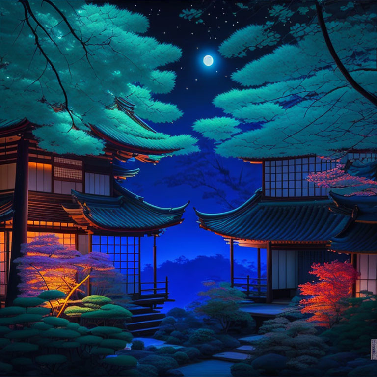 Japanese Traditional Buildings with Curved Roofs in Night Landscape