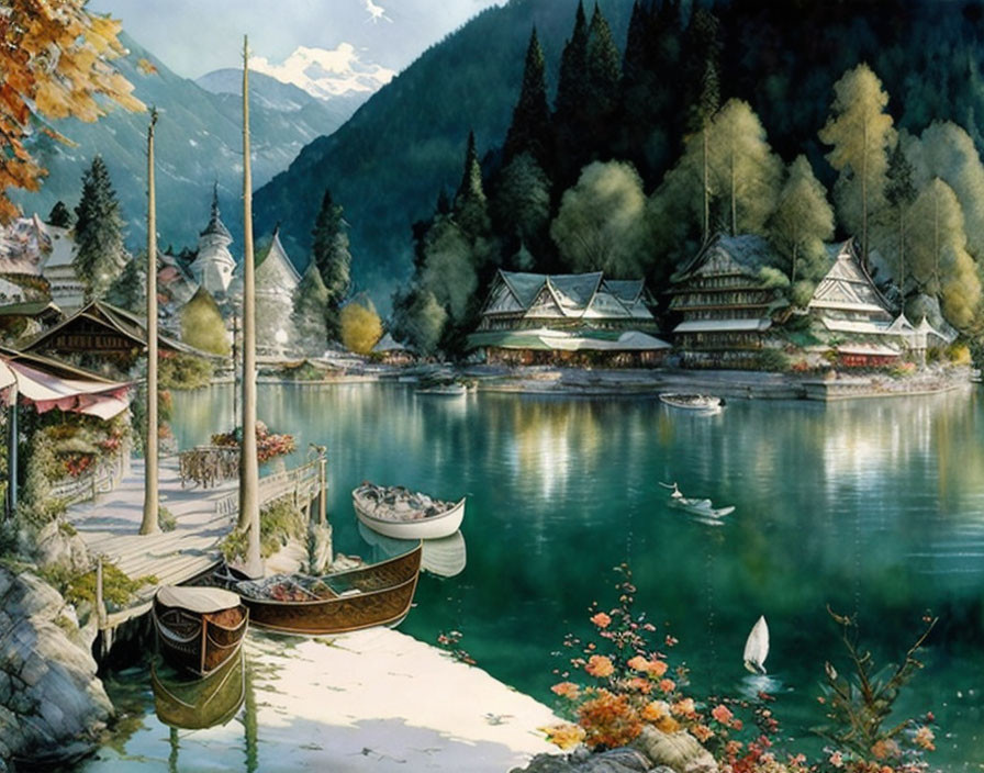 Tranquil lakeside village with boats, swans, and greenery under clear sky