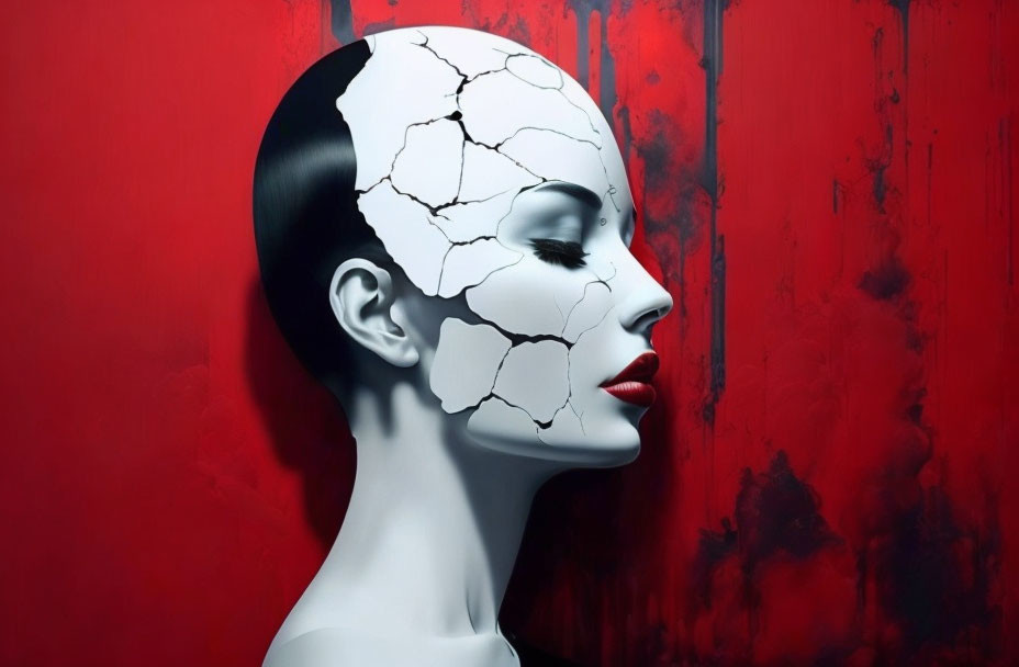 Woman with cracked porcelain-like white makeup on face against red backdrop