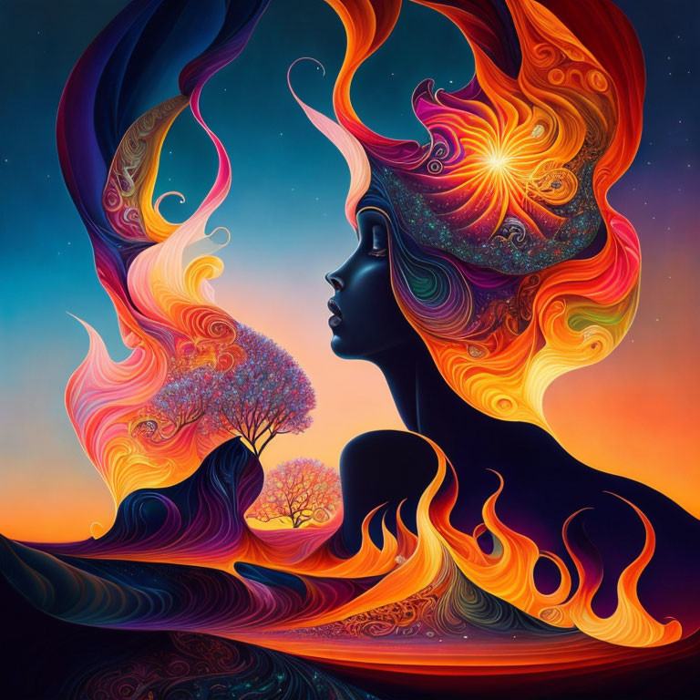 Vibrant illustration of woman with fiery landscape hair