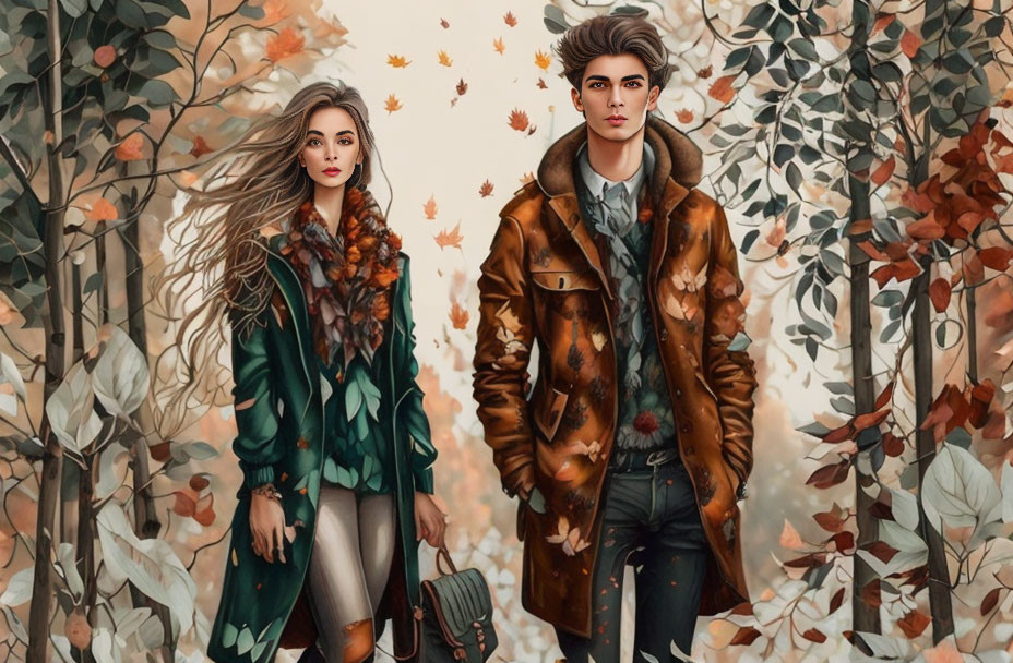 Stylish young couple in autumn attire surrounded by falling leaves