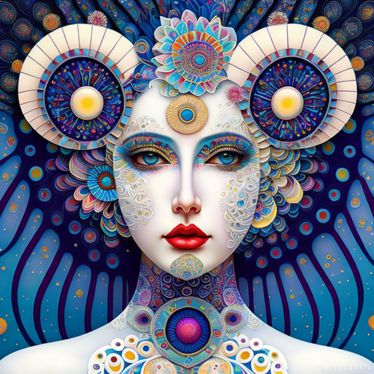 Colorful digital artwork: Woman with intricate mandala patterns on face and headpiece