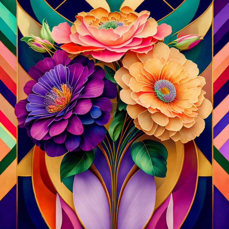 Colorful digital artwork: Stylized flowers with geometric patterns