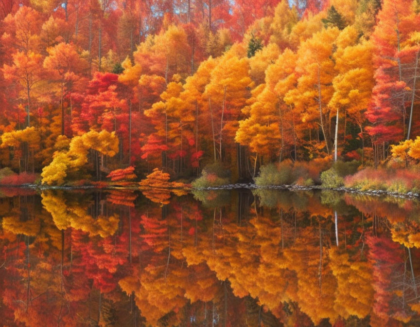 Vibrant autumn foliage reflecting on still lake waters