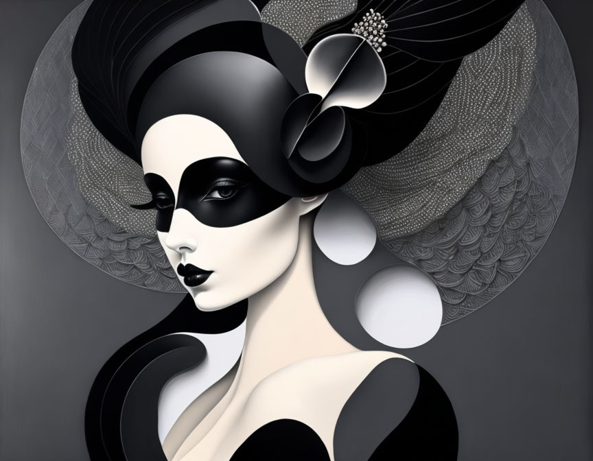 Stylized woman with dramatic makeup and ornate mask on dark background