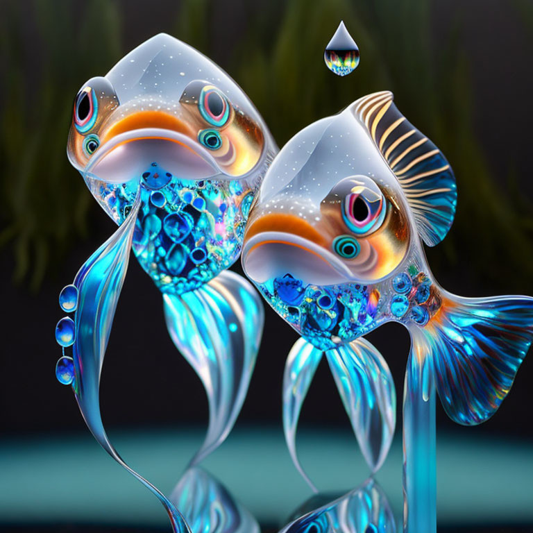 Vibrant iridescent digital fish with intricate patterns in dark aquatic scene