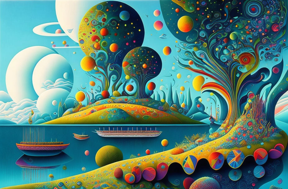 Colorful surreal landscape with whimsical trees, orbs, boats, moons, and blue sky