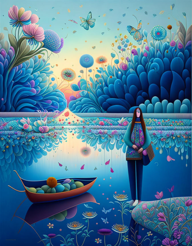 Person standing by vibrant surreal lake with lone boat, whimsical flora, butterflies, gradient sky