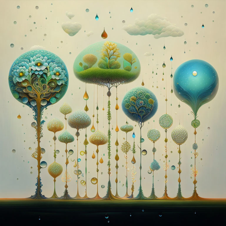 Surreal painting featuring tree-like structures with canopy patterns and raindrop motifs on a soft cloud backdrop