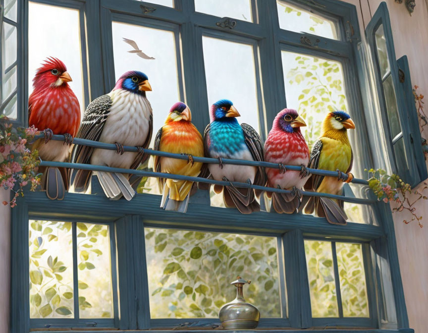 Vibrant stylized birds on windowsill with open casement windows