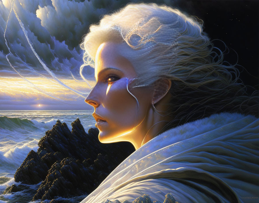 Glowing skin and white hair woman gazes at turbulent seas and sunset sky