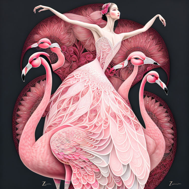 Surreal dancer in pink flamingo costume with stylized flamingos on dark background