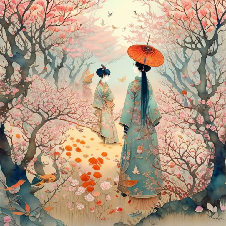 Traditional Japanese attire figures under cherry blossom tree landscape