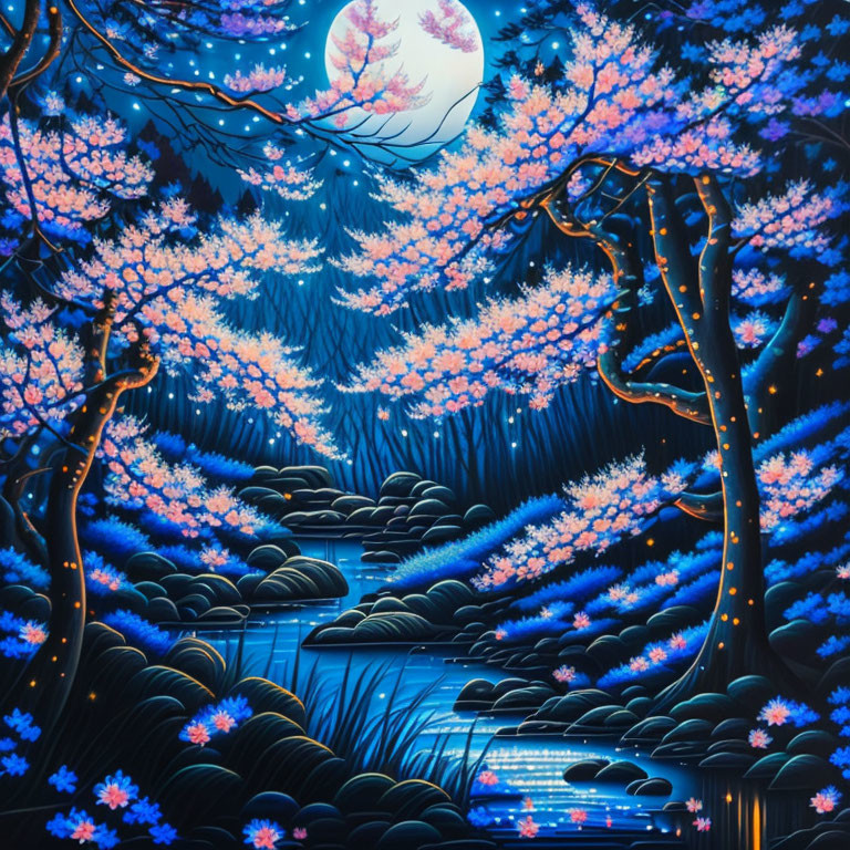 Vibrant illustration: Magical night scene with cherry blossoms, full moon, starry sky,