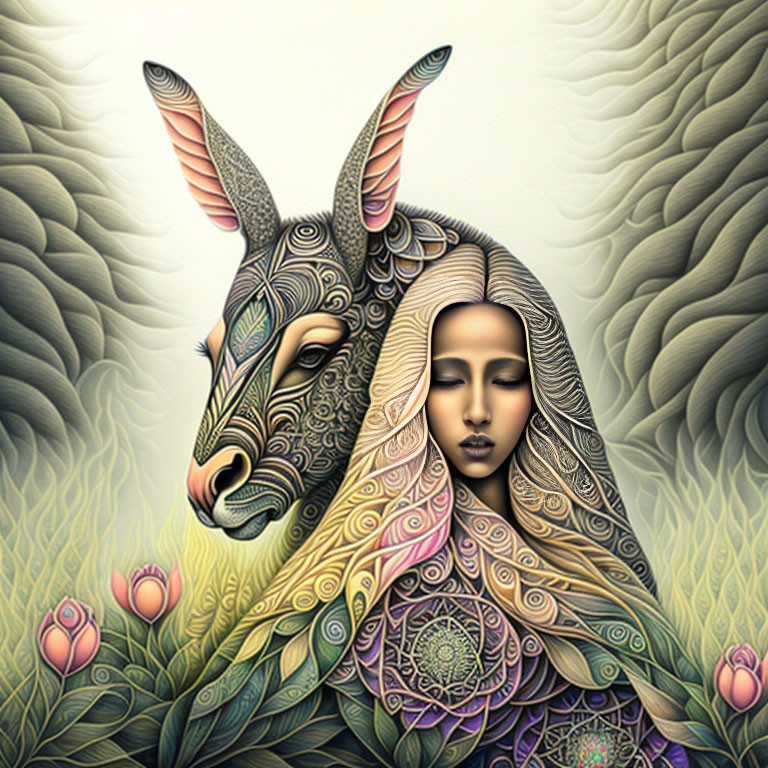 Surreal illustration: Woman fused with goat in floral setting