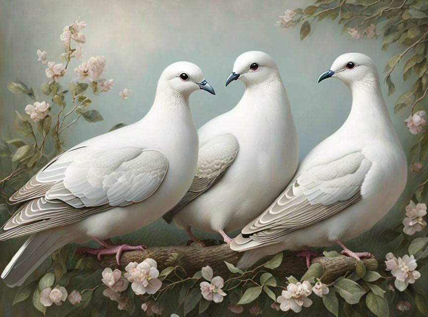 White doves on branch with pink blossoms in textured background