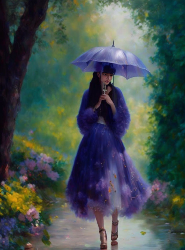 Woman in violet dress with umbrella on flower-lined forest path