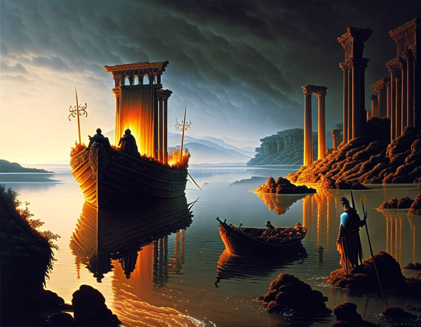 Ancient mystical scene: fiery ship, rowboat, cloaked figures, columns, serene lake,