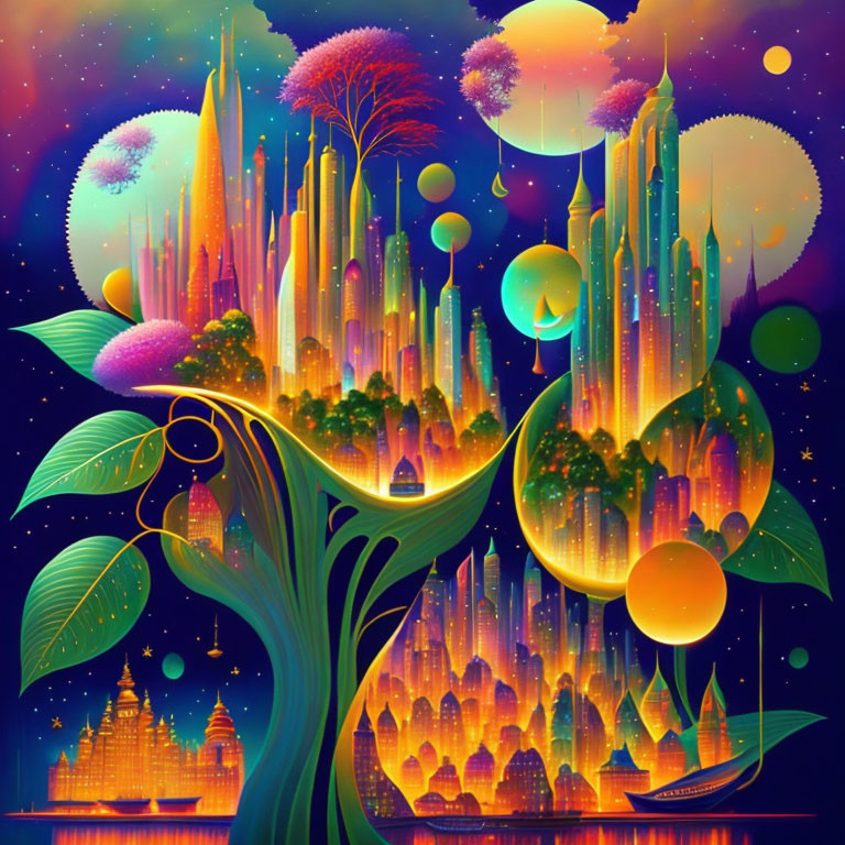 Surreal artwork: Futuristic cities in tree branches with cosmic background