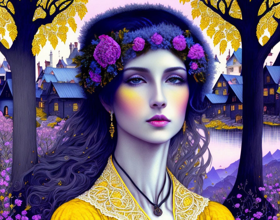 Woman with floral crown in mystical purple landscape