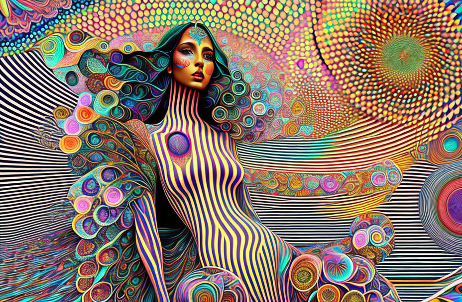 Colorful digital artwork: Woman with peacock patterns in psychedelic backdrop