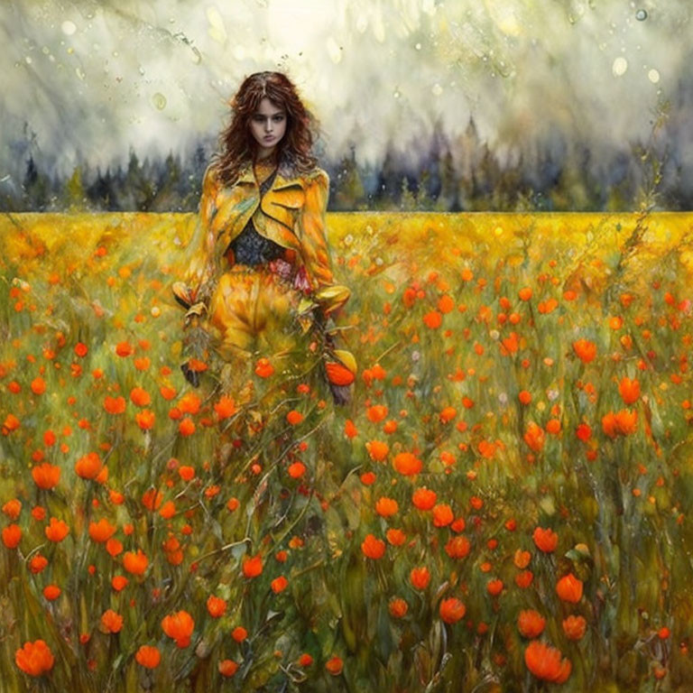 Woman in Yellow Jacket Surrounded by Red Poppies in Field