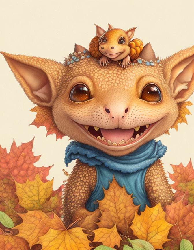 Colorful Fantasy Creature with Large Ears and Scarf Surrounded by Autumn Leaves