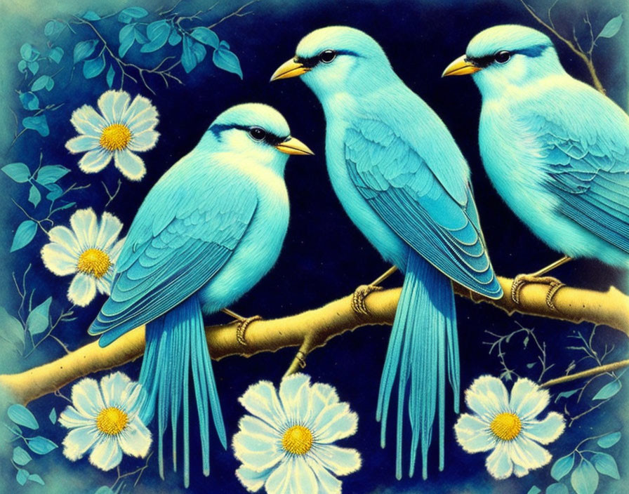 Three Blue Birds Perched Among White Flowers and Green Foliage