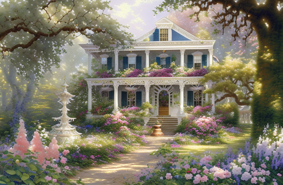 Elegant house with blooming garden under warm sunlight