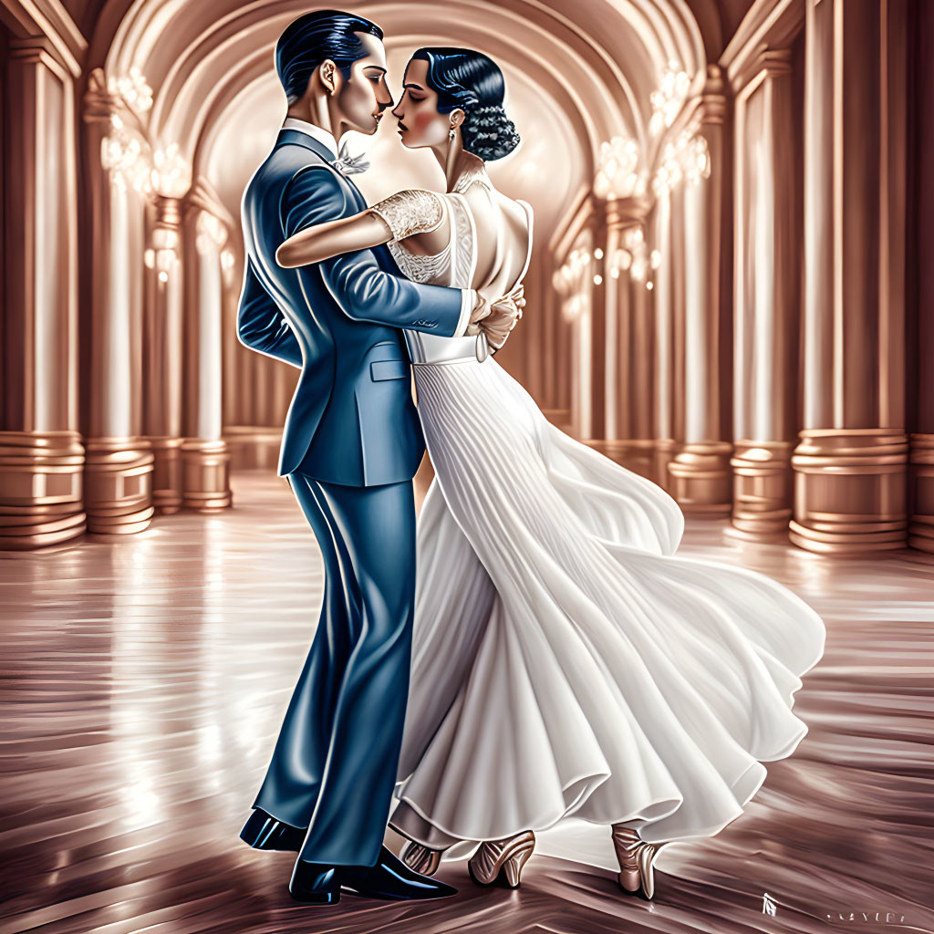 Intimate couple dancing in grand hall with ornate architecture